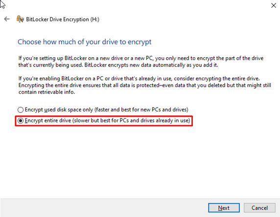 Selecting how much space to encrypt on your drive
