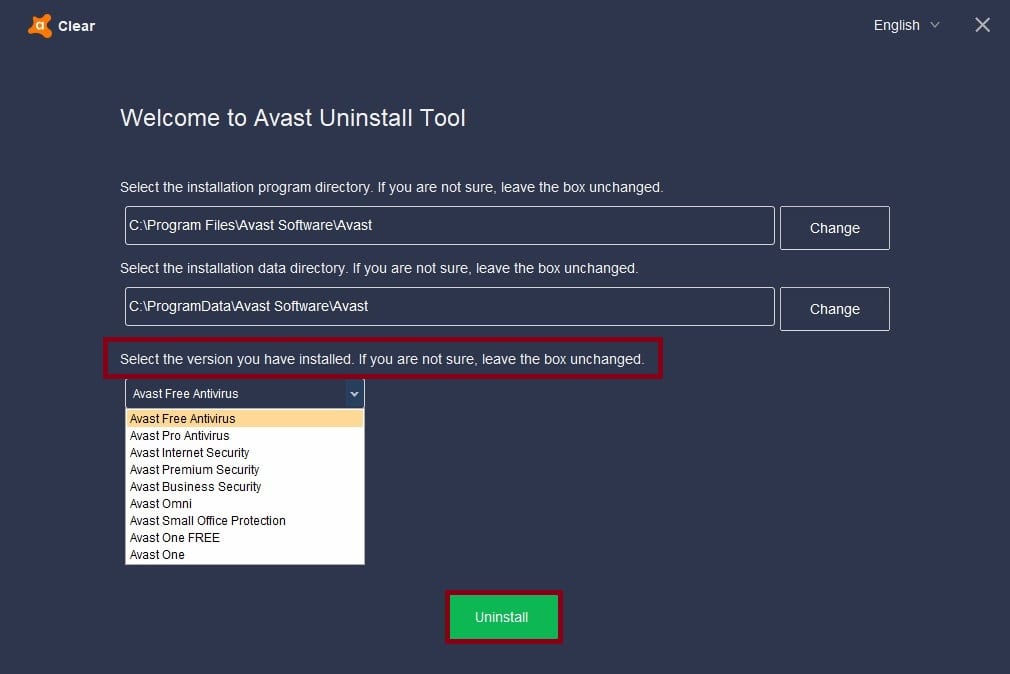 Choosing the Avast version and Clicking Uninstall