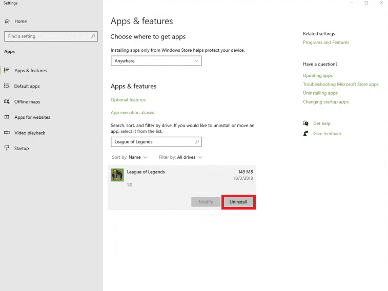 click uninstall league of legends