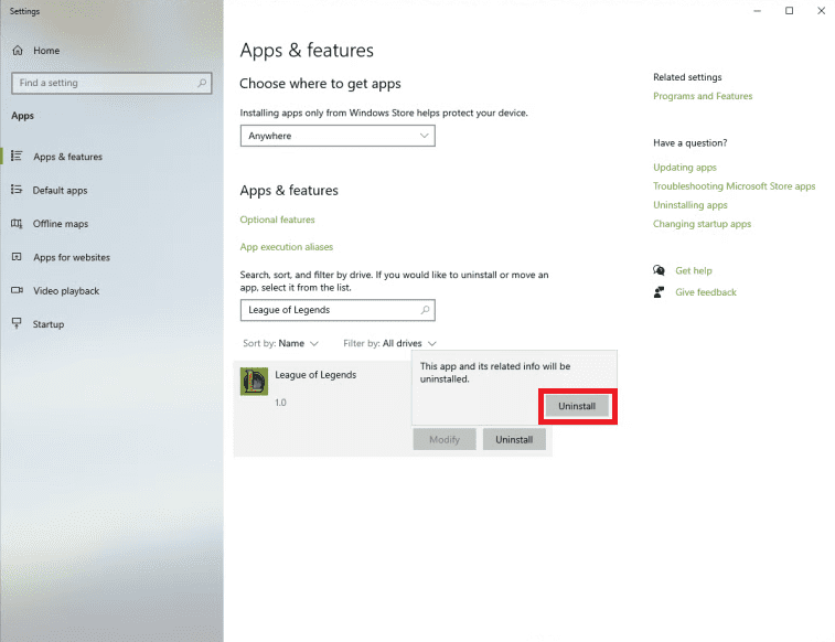 confirm uninstallation of league of legends