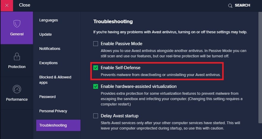 Disabling Avast Self Defense