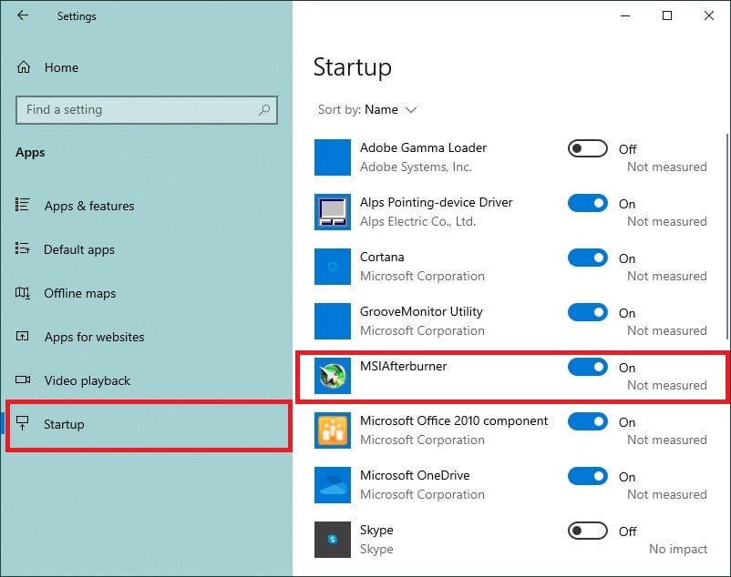 Enabling MSI Afterburner in Startup tab