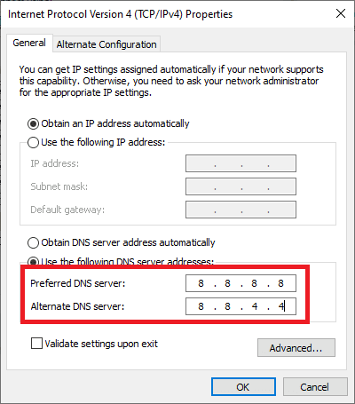 Manually change the Preferred DNS server and the Alternate DNS Server