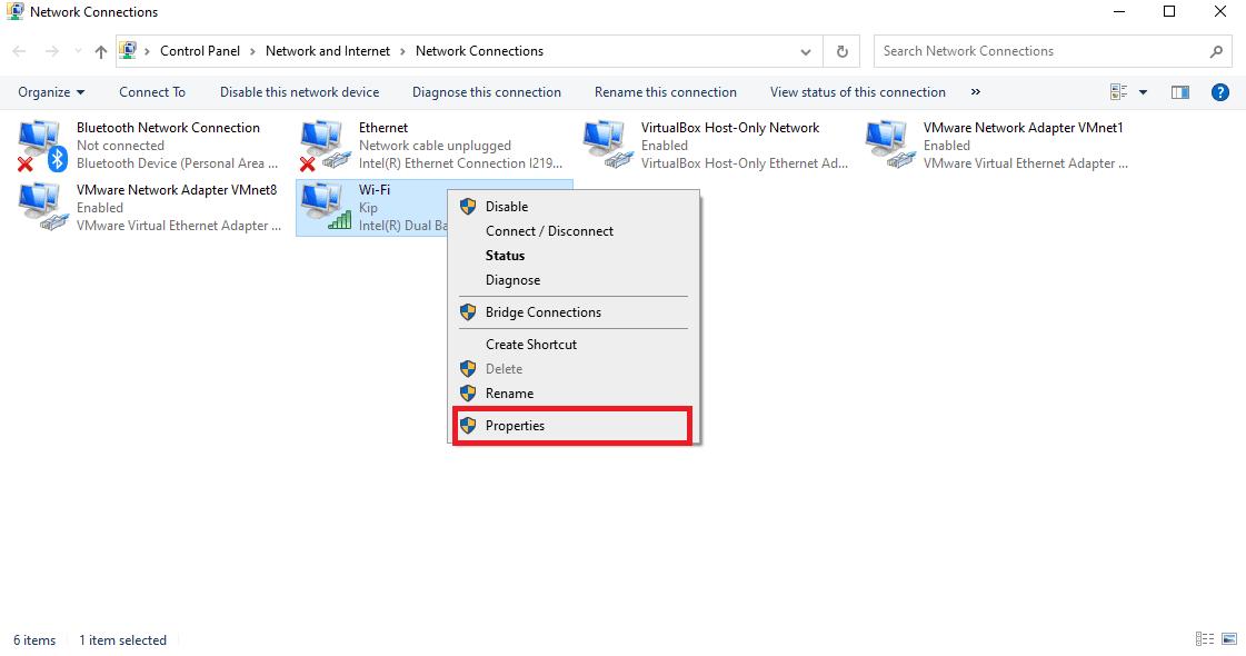 Network connections property