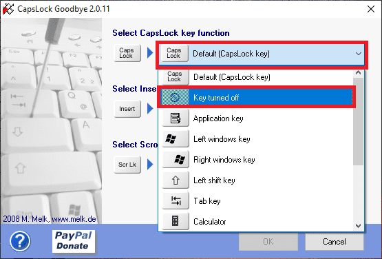 Selecting Key turned off from Dropdown