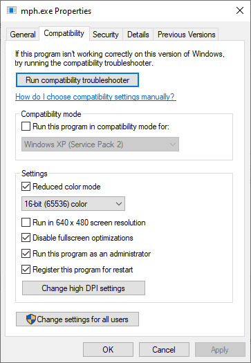 Set all .exe files to have similar settings
