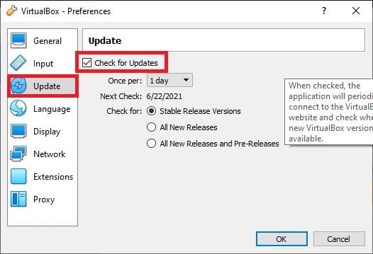 Check for Updates option in Updates tab