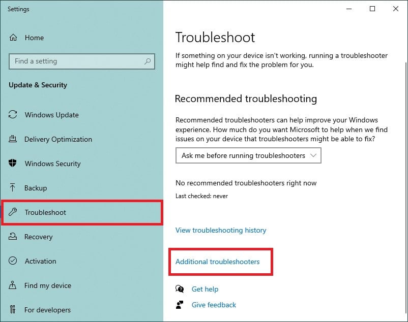 Clicking Additional troubleshooters
