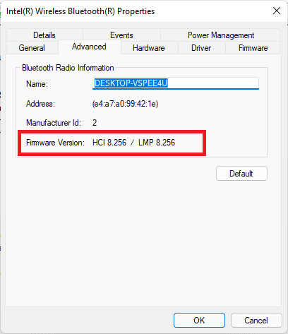 intel wireless bluetooth properties