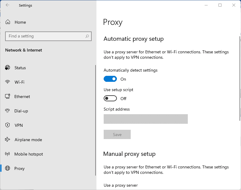 Proxy setup settings