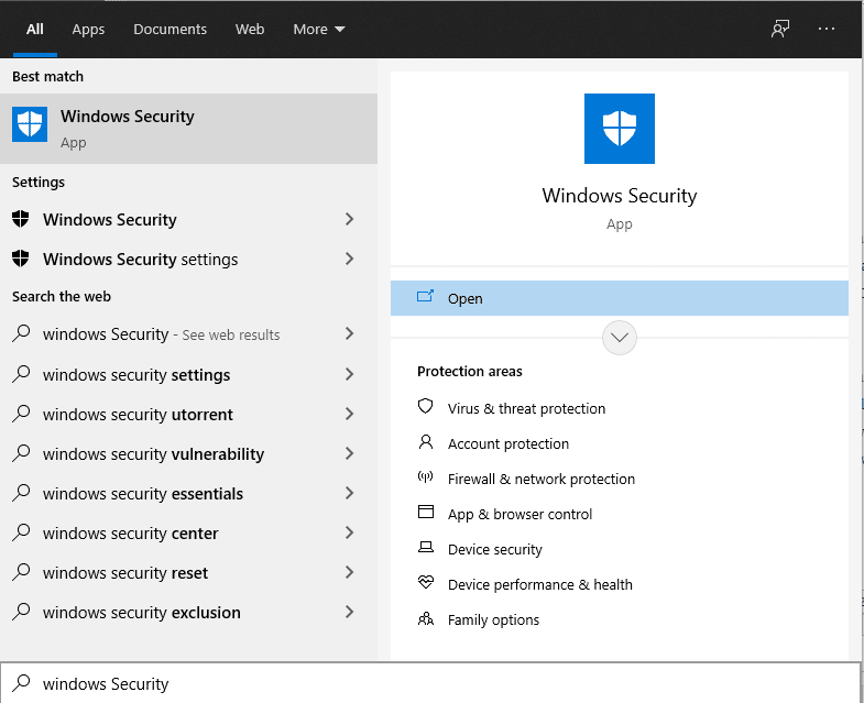 Searching-and-opening-windows-security