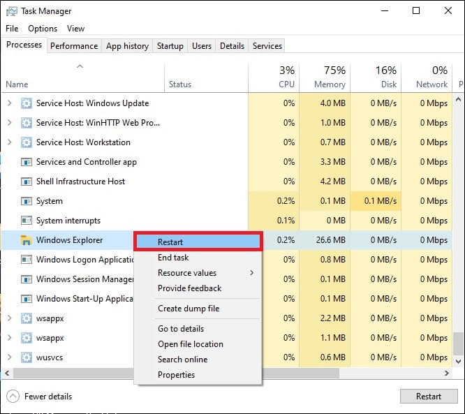 Selecting the Restart Option in Task Manager