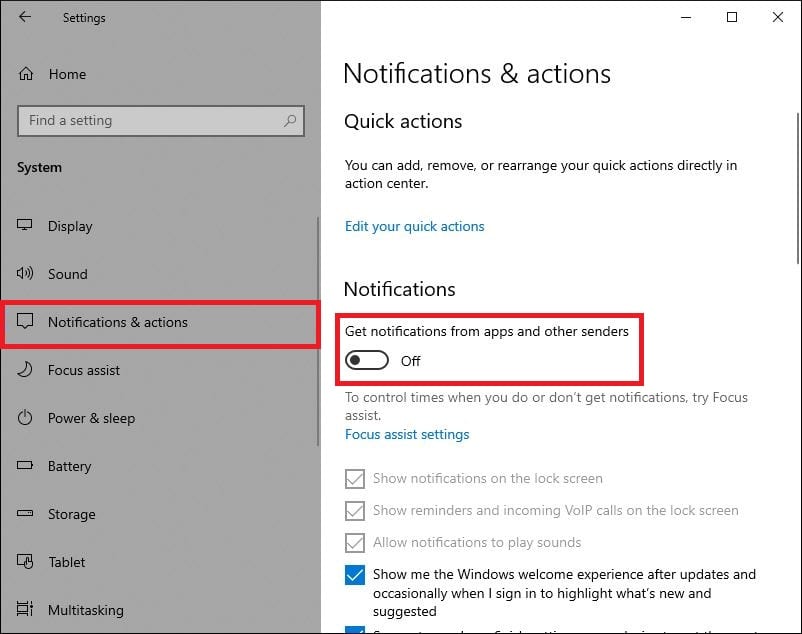 Turning off Get notifications from apps & senders