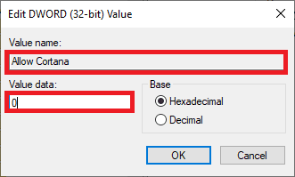 allow cortana dword 32 bit value