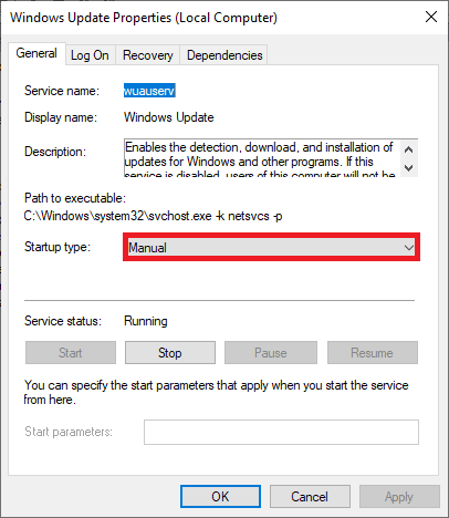 change windows update from disabled to manual