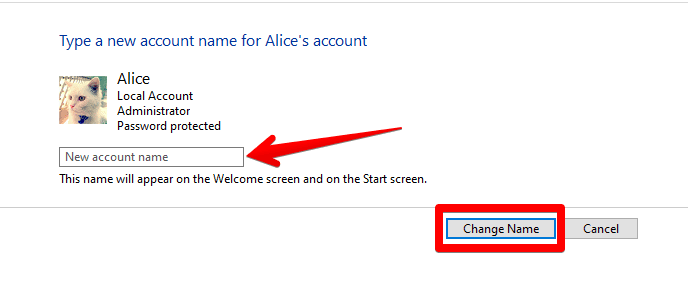 changing the username of windows 10 account