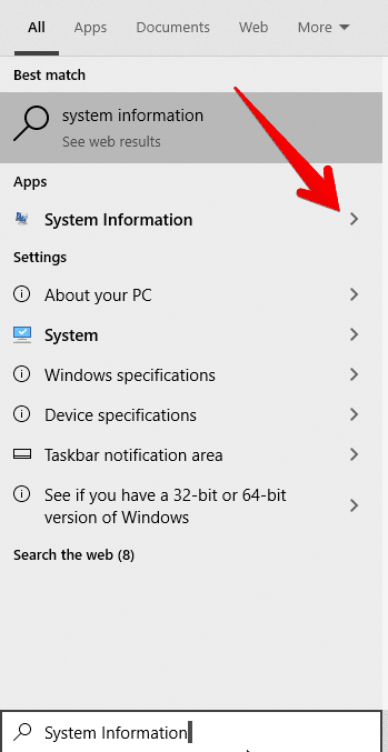 Clicking on "System information" app