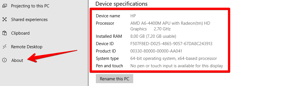 Device specifications