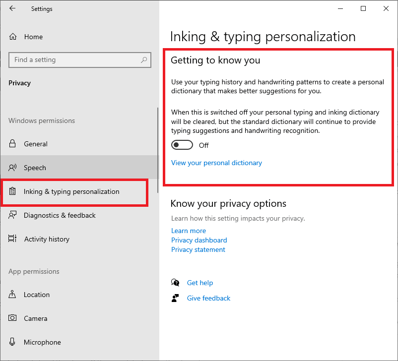 ink & typing personalization settings
