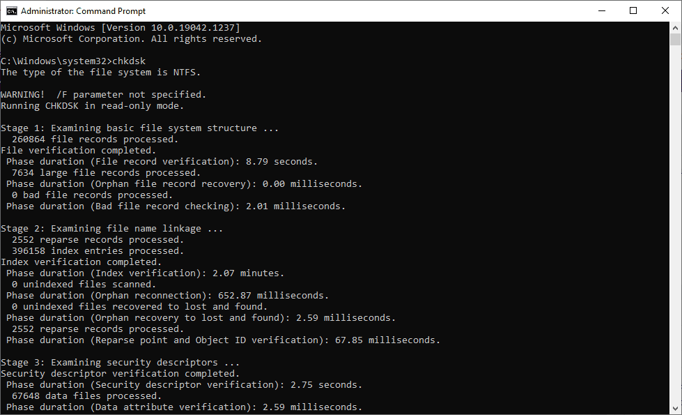 Using the "chkdsk" command