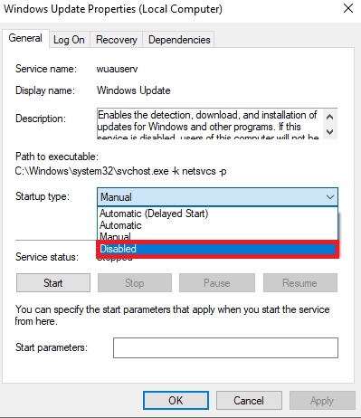 select disabled option for windows update