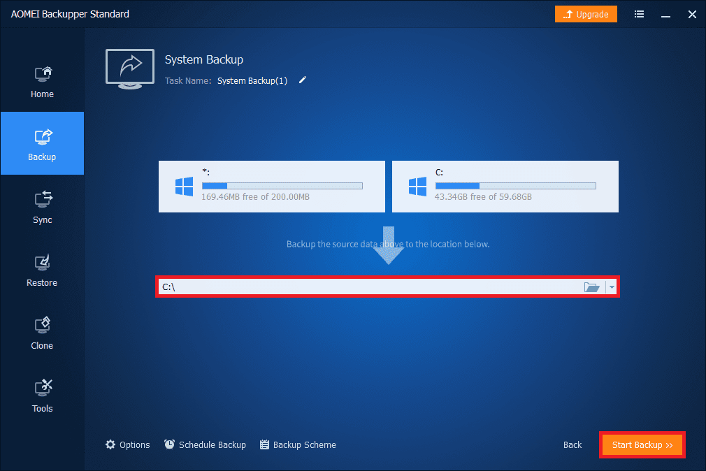 Select path the click the start backup button