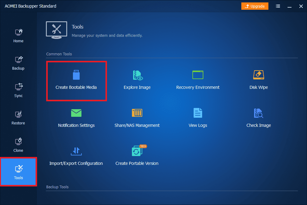 Select tools then create new bootable media