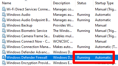 windows defender firewall running and automatic