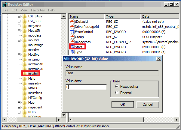 change msahci start value