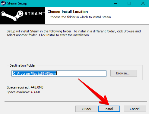 Choosing destination folder of Steam