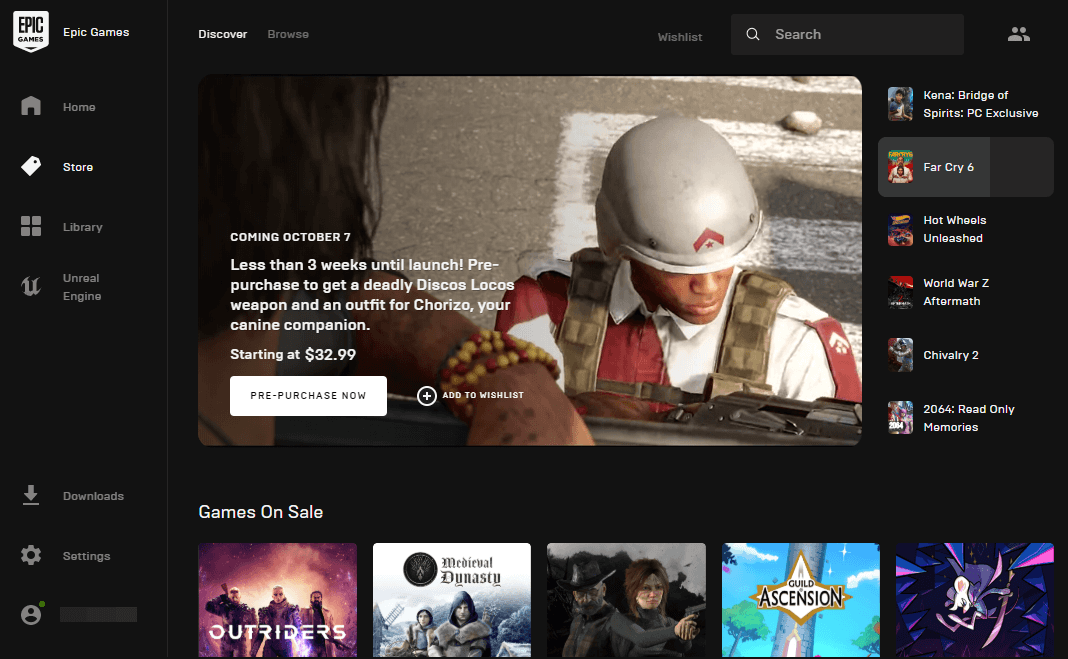 Epic Games Launcher working interface
