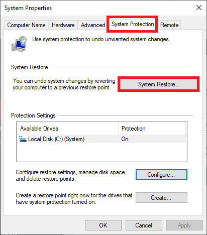 select system protection tab and click system restore