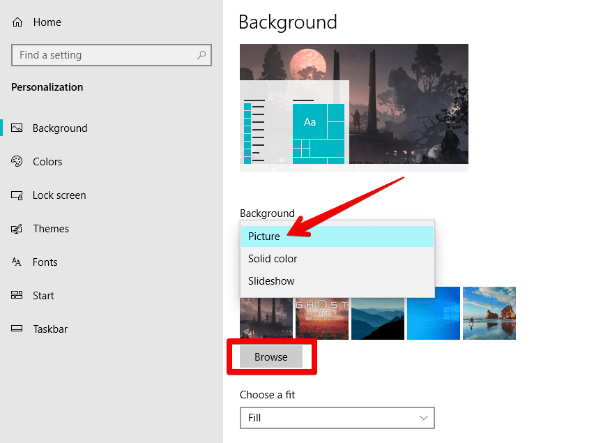 Setting a picture wallpaper on Windows 10
