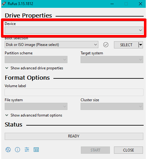 Selecting the device in Rufus