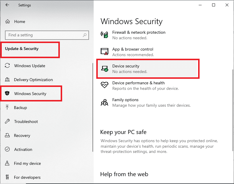 settings,update and security ,windows security , device security