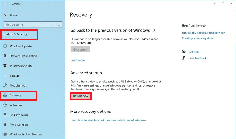 windows 10 recovery settings advanced startup