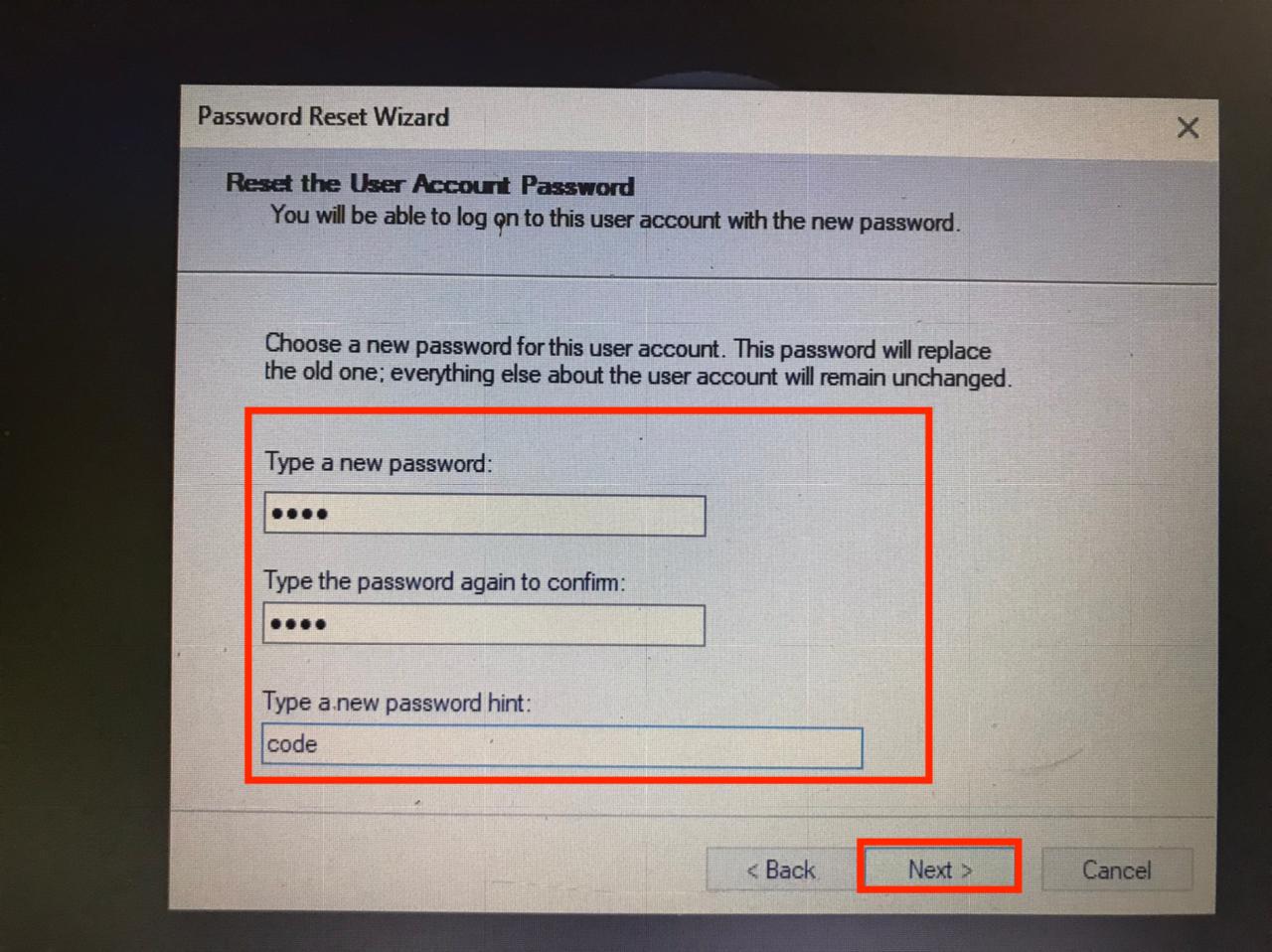 input your new password, confirm it and type in the password hint