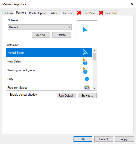 mouse properties and pointers tab