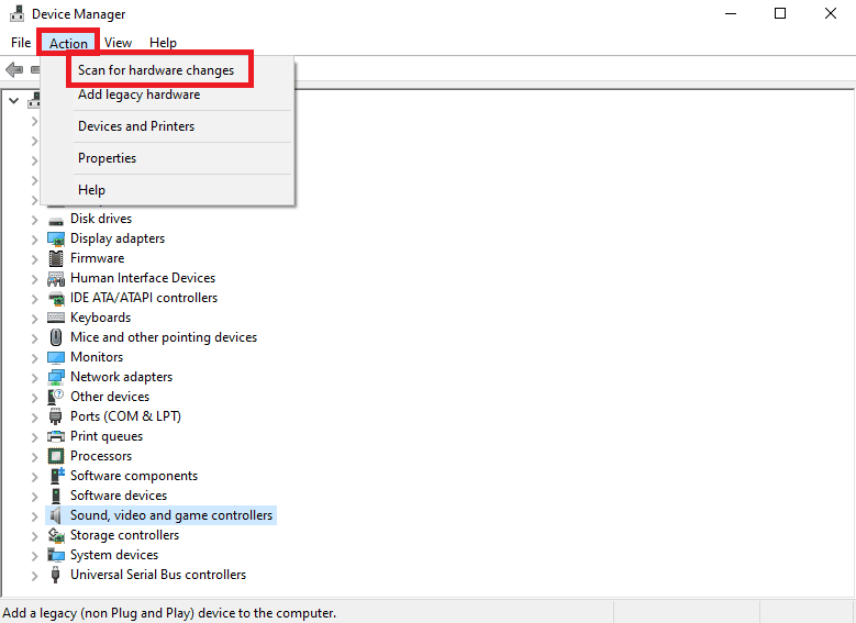 open device manager, select the action tab and choose the scan for hardware changes option