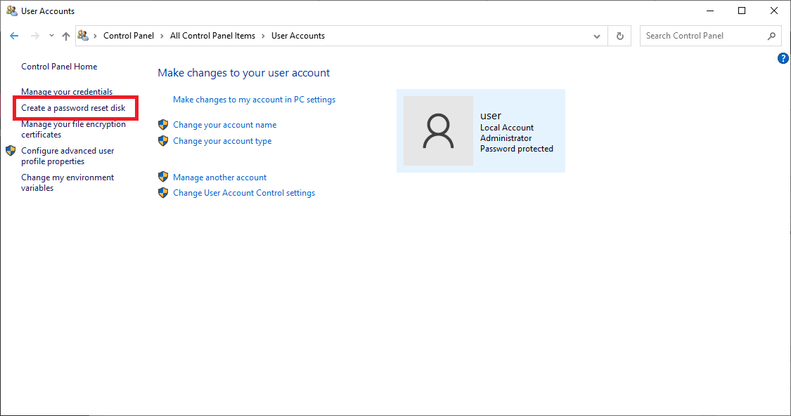 select create a password reset disk option