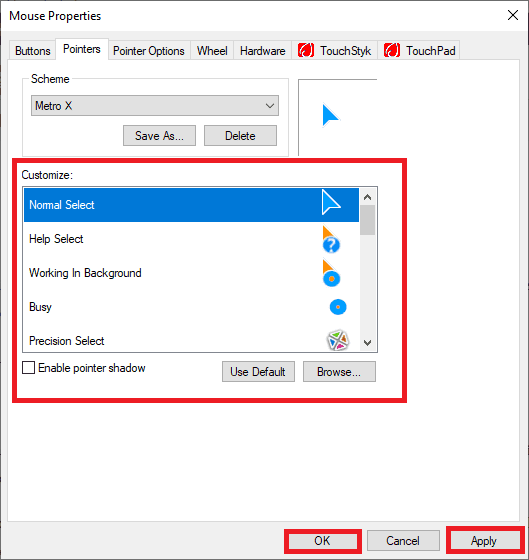 select the mouse cursor that suits you from the customize section