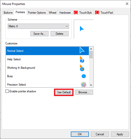 use default option to revert to the normal windows 10 mouse pointer