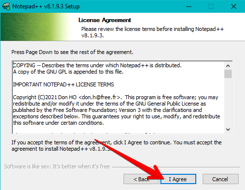 Agreeing the license agreement of Notepad++