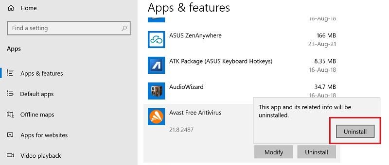 avast antivirus software select uninstall option