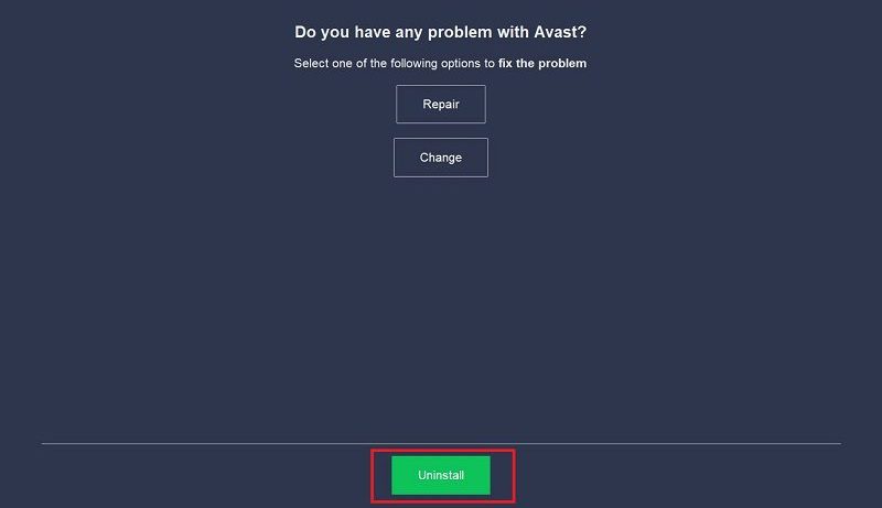 click the uninstall option when the avast antivirus window loads