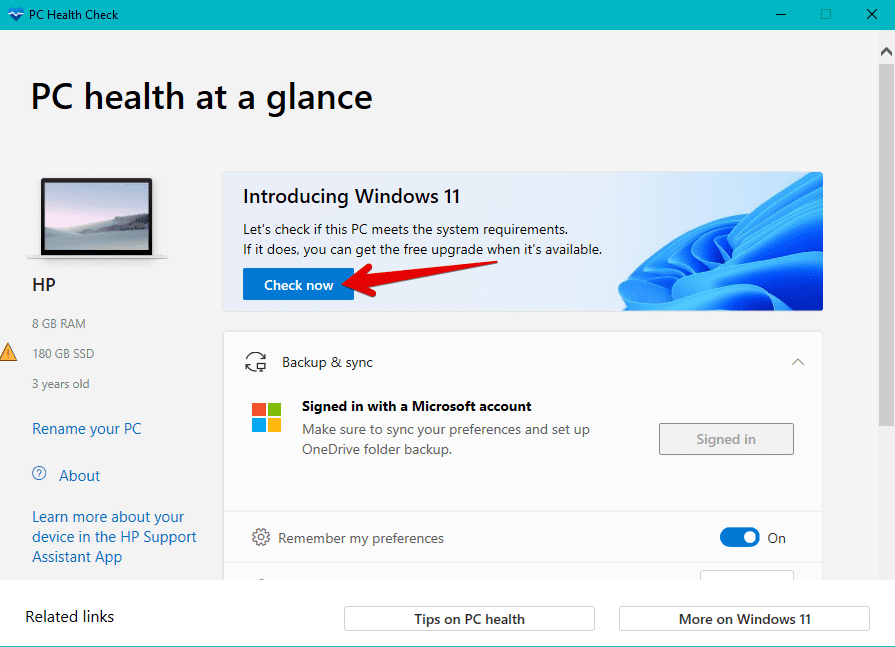 Clicking on Check now to verify the eligibility for a Windows PC