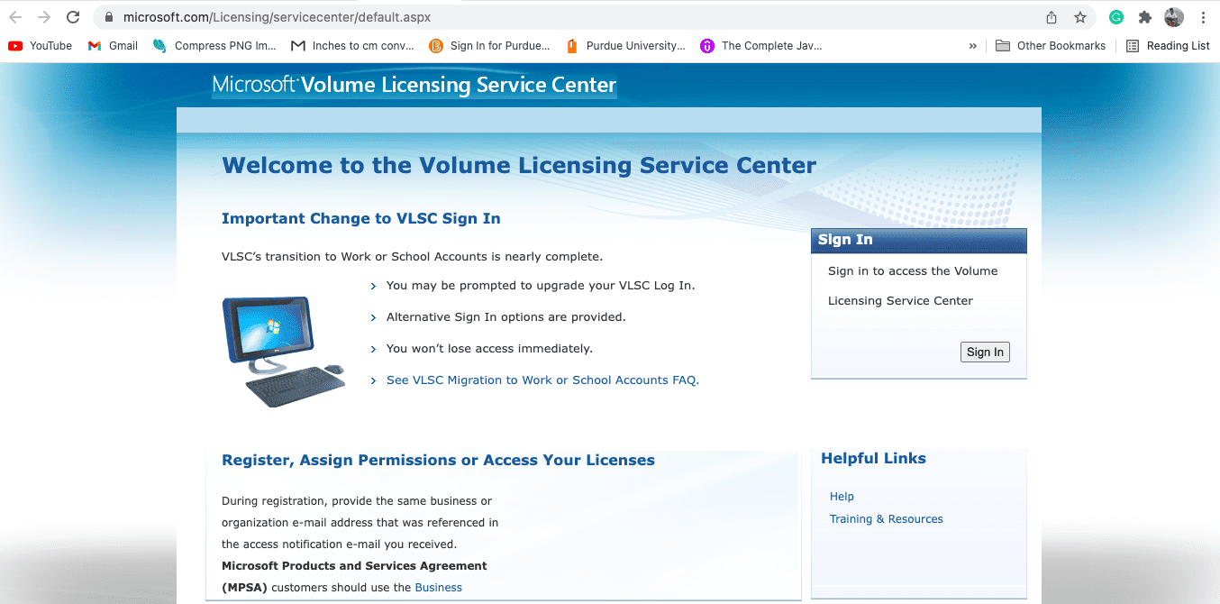Microsoft Volume Licensing Service Center official page