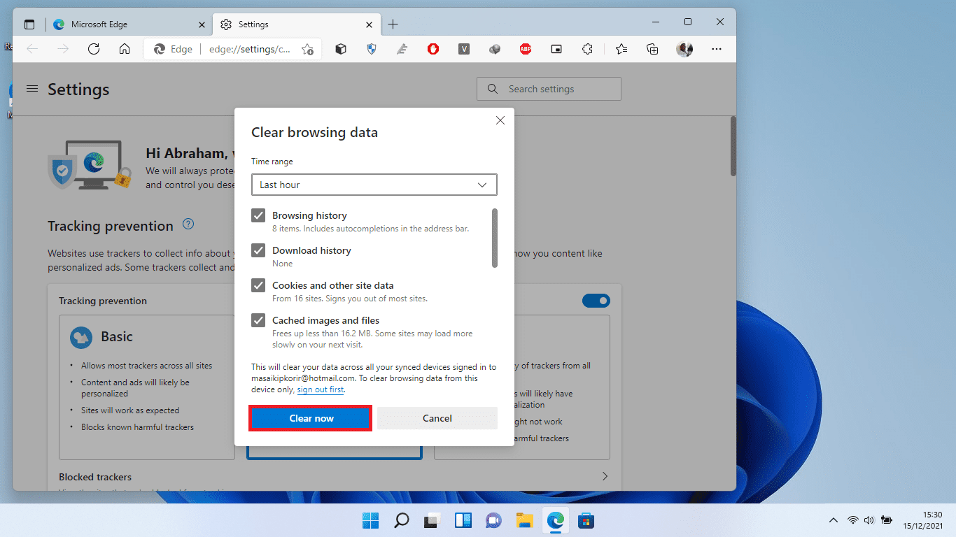 select the clear now option