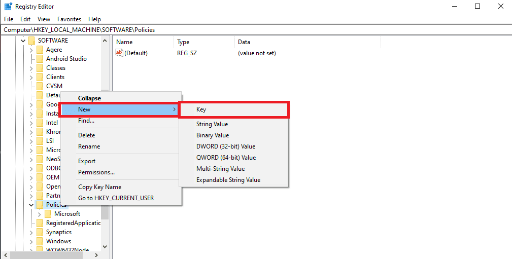 under policies right click and select new key