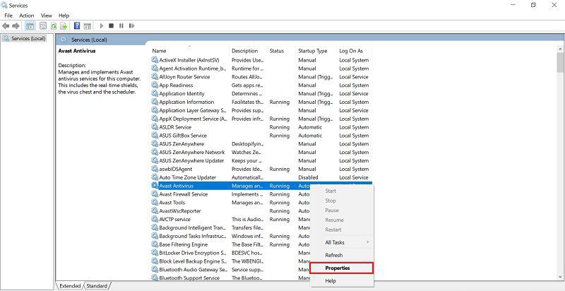 right click on the avast antivirus and choose the properties option